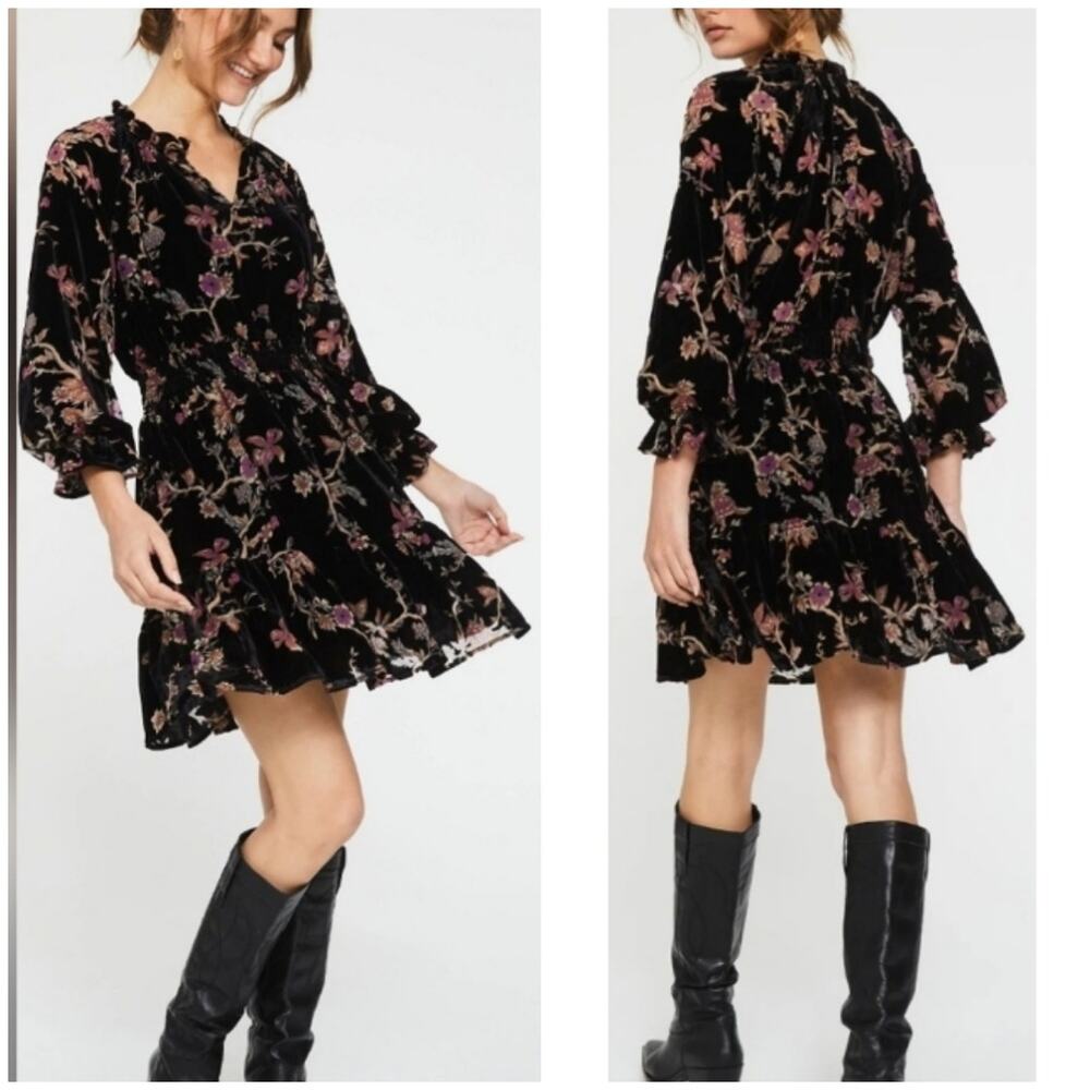 NWT Another Love Anais Multi Ruffle Blossoms Witchy Goth Moto Burnout Dress, SM - Picture 2 of 8